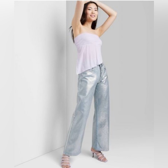 NWT wild fable High Rise Wide Leg Coated Jeans Metallic Silver - Picture 3 of 10